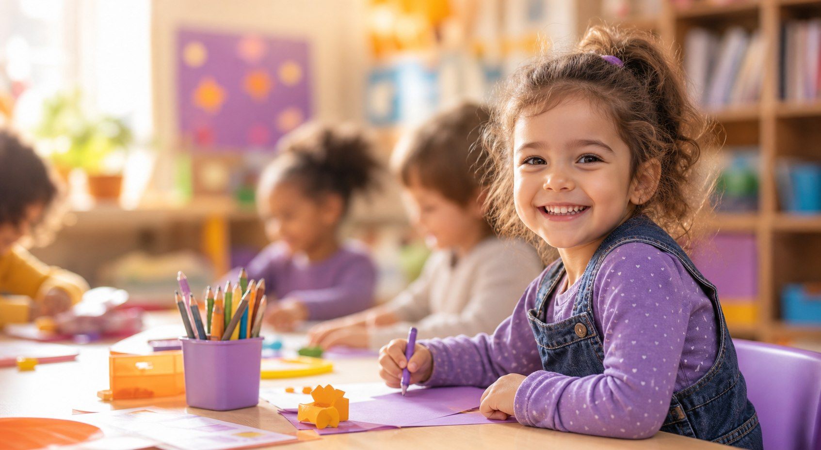 Children working happily in a colorful classroom