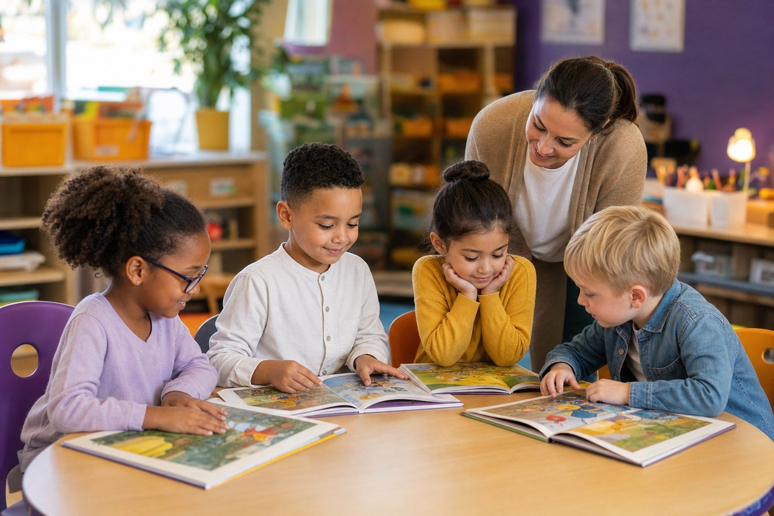 Teacher and children reading together in class